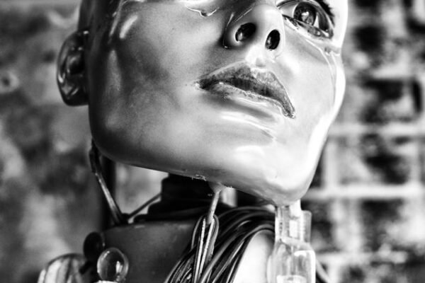 Monochrome close-up of a humanoid head with wiring, blending art and technology.