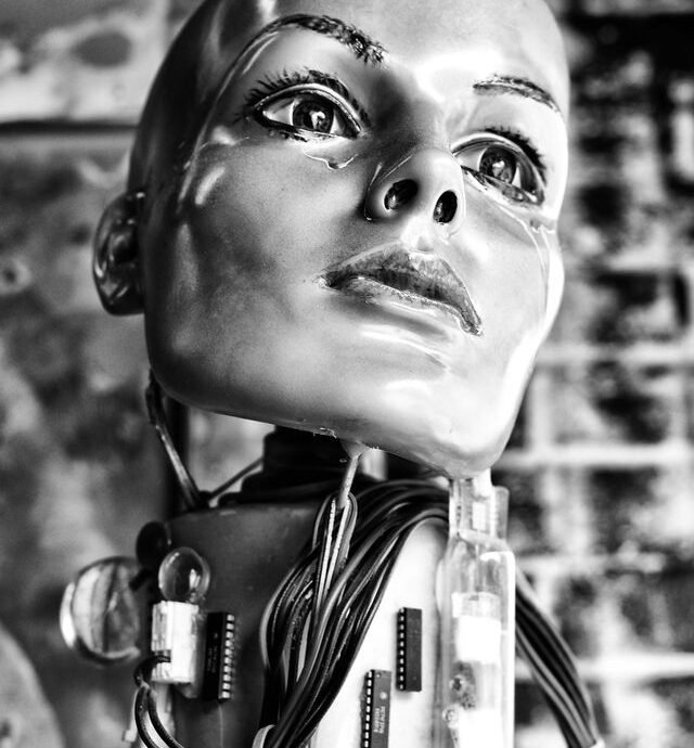 Monochrome close-up of a humanoid head with wiring, blending art and technology.